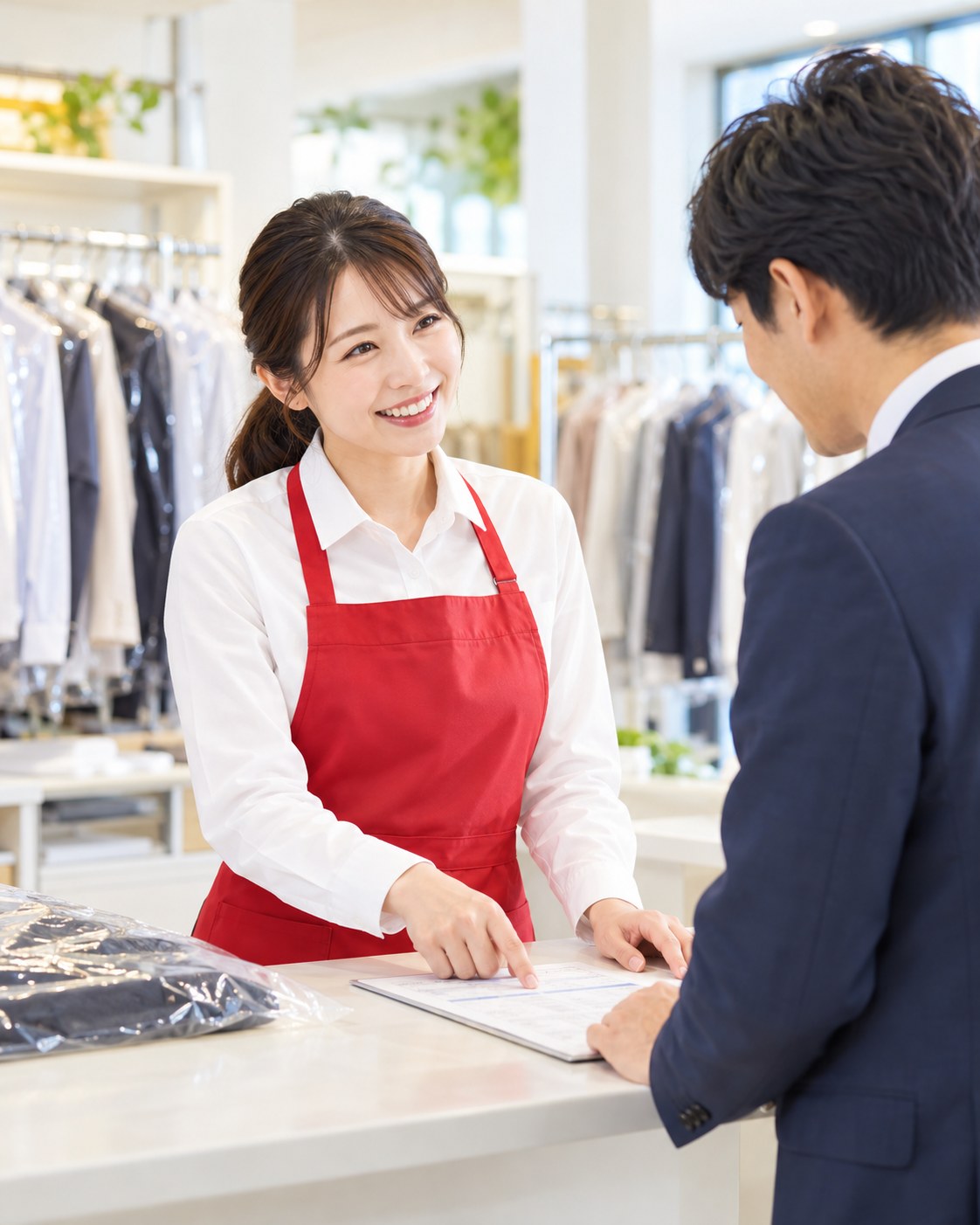 白シャツ・赤エプロンの女性スタッフによる法人のお客様とのご相談のイメージ