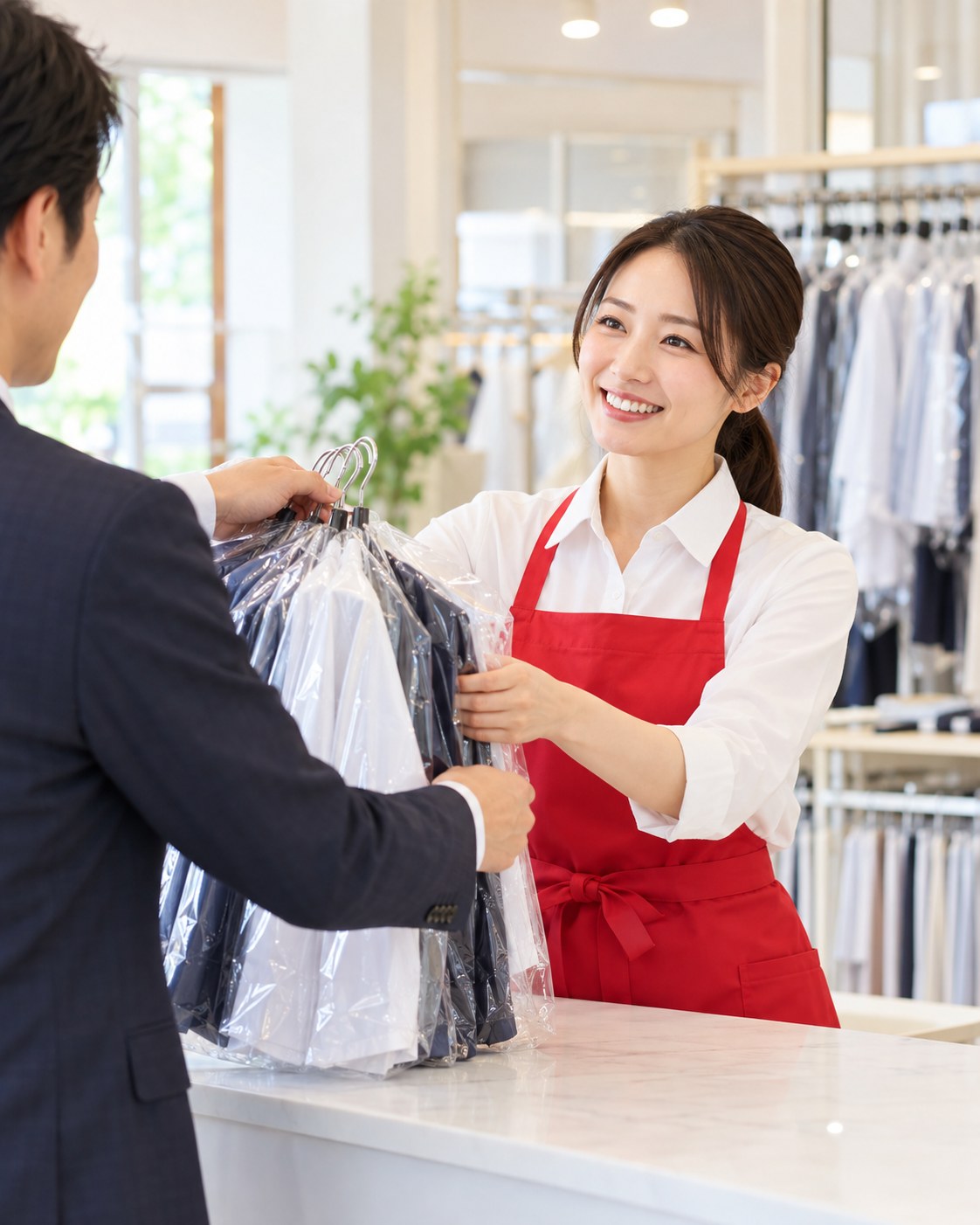 白シャツ・赤エプロンの女性スタッフによる制服・ユニフォームのお預かりのイメージ