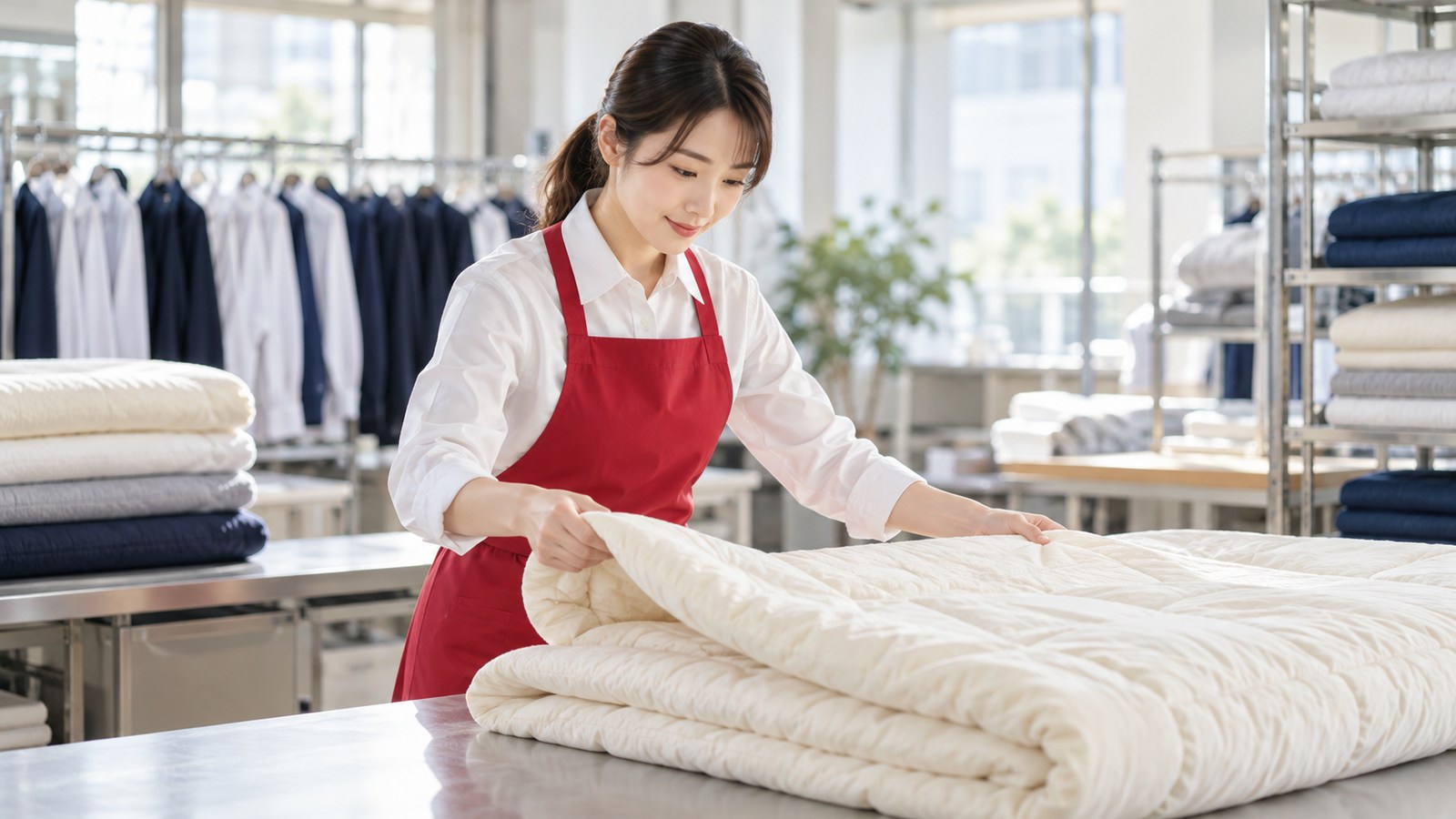 白シャツ・赤エプロンの女性スタッフによる寝具のお手入れ・折りたたみのイメージ