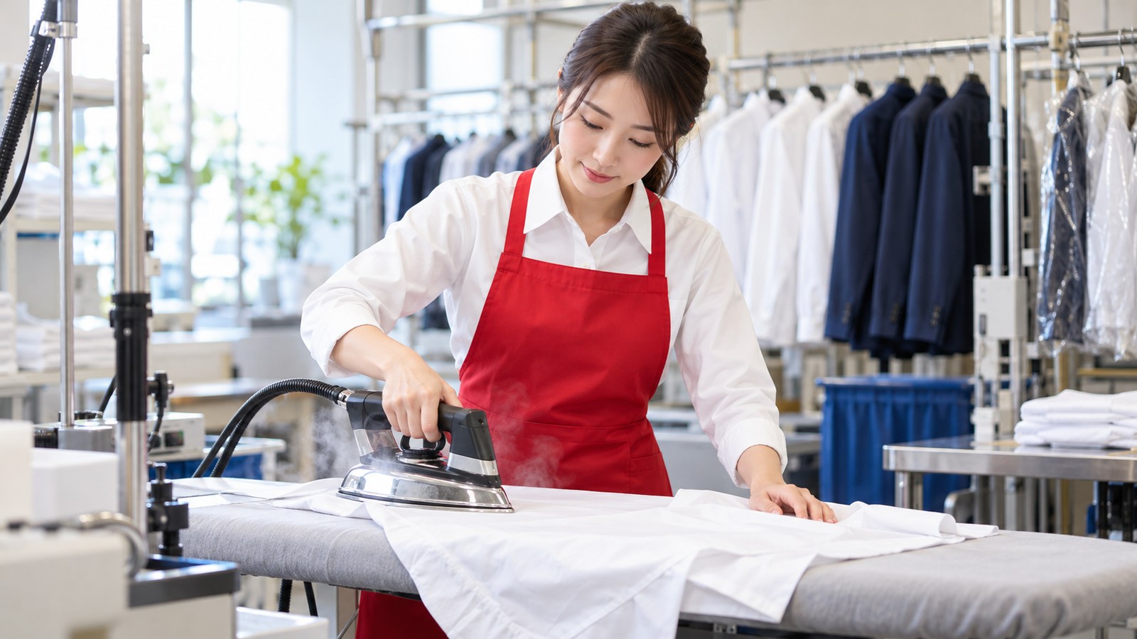 白シャツ・赤エプロンの女性スタッフによるアイロン仕上げのイメージ