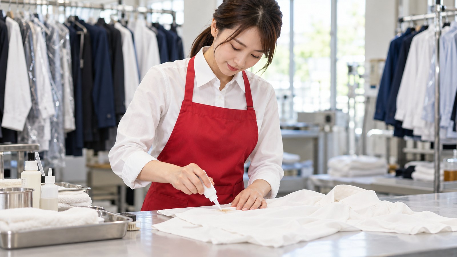 白シャツ・赤エプロンの女性スタッフによるしみ抜き・部分ケアのイメージ